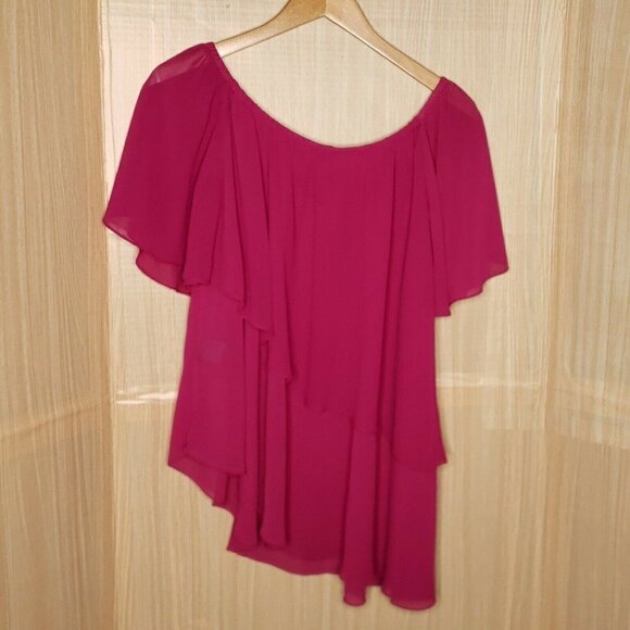 Belle Badgley Mischka Pink Flowy Asymmetrical Off The Shoulder Blouse Large - Picture 2 of 5